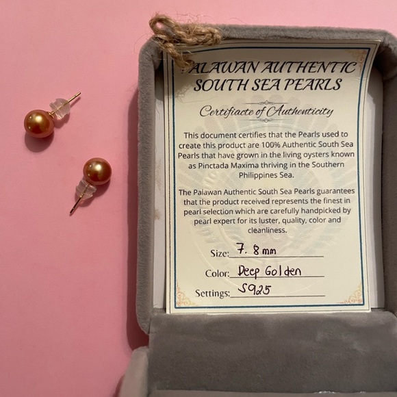 South Sea Pearl Studs 7.8mm Deep Golden S925 - Picture 4 of 8